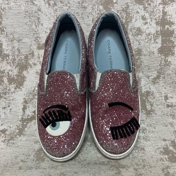 Chiara Ferragni Flirting Glitter Italian Leather Slip On Sneakers in Pink - Picture 6 of 8